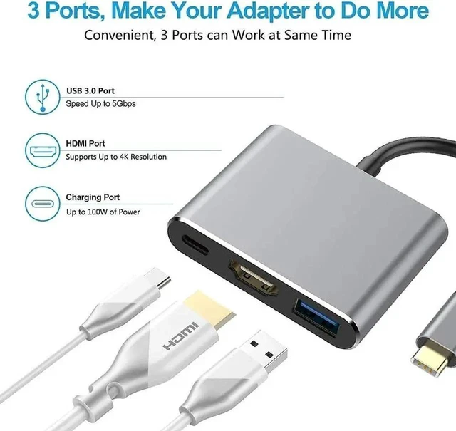 Alt view image 3 of 7 - USB C Multiport Adapter, Thunderbolt 3 to 4K HDMI Video Converter with USB3.0 Hub & PD Fast Charging Port for Laptop Projection Display
