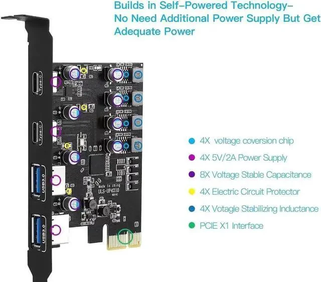 Alt view image 2 of 5 - PCIe x1 4-Port USB 3.2 Gen1 Expansion Card (2 USB-A + 2 USB-C), 5Gbps PCI Express USB 3.0 Hub Add-On Card, Compatible with Windows XP/7/8/10 & Mac OS 10.8.2 and Above