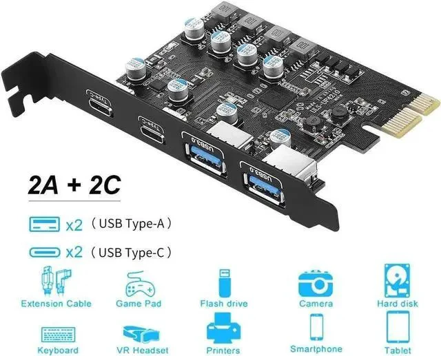 Alt view image 3 of 5 - PCIe x1 4-Port USB 3.2 Gen1 Expansion Card (2 USB-A + 2 USB-C), 5Gbps PCI Express USB 3.0 Hub Add-On Card, Compatible with Windows XP/7/8/10 & Mac OS 10.8.2 and Above