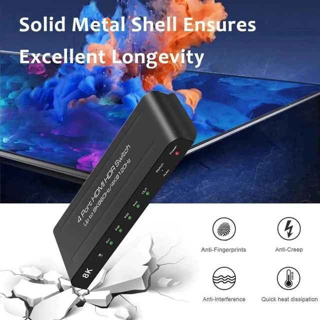 Alt view image 3 of 7 - Upgraded 4 in 1 Out HDMI 2.1 Auto Switch 8K@60Hz 4K@120Hz with Remote & US Power Adapter, 48Gbps Bandwidth HDMI Switcher Supports HDR10+, HDCP 2.3, Dolby Vision, Dolby Atmos, CEC Function