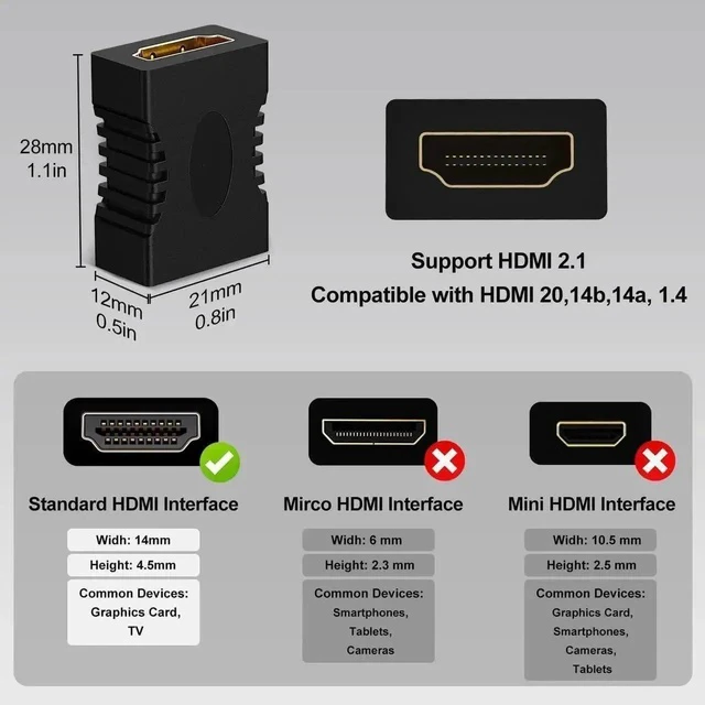 Alt view image 2 of 7 - 2-Pack 8K HDMI 2.1 Female to Female Coupler, 48Gbps HDMI Extender Adapter Supports 8K@60Hz, 4K@120Hz, HDR, ARC, HDCP for Blu-ray Players, Laptops, PCs, TVs & Gaming Monitors