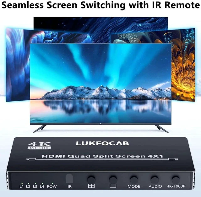Alt view image 4 of 7 - 4X1 HDMI Quad Multi-Viewer Seamless Switcher 4 in 1 Out with IR Remote, Supports 4K@30Hz & 5 Adjustable Display Modes, Split Screen Multiview Box for Security Cameras, Game Consoles, Media Players
