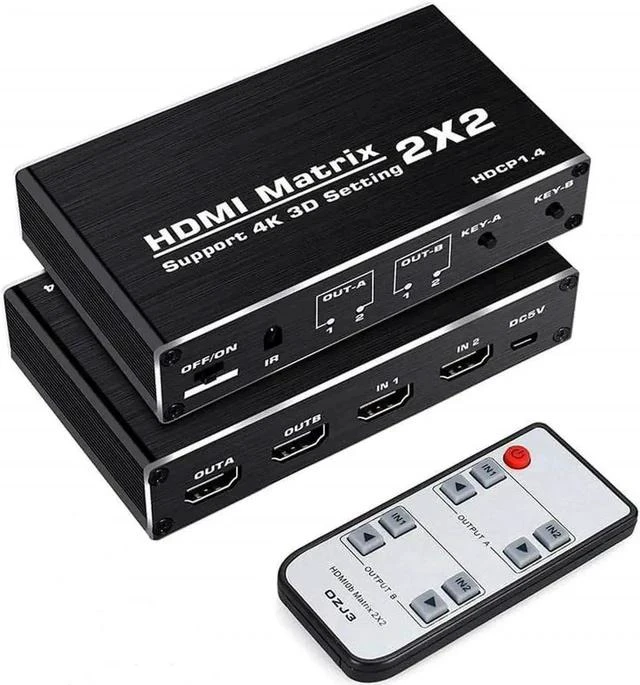 Main image of 2x2 HDMI Matrix Switch 2 in 2 Out with IR Remote Control, HDMI 2.0b 4K@60Hz Matrix Splitter Supports HDR, HDCP1.4, 3D, 1080P, YUV 4:2:0, Model OZJ3