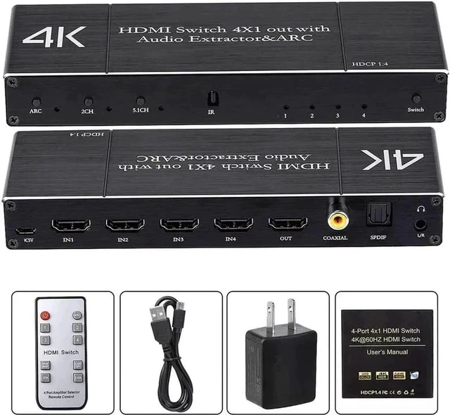 Alt view image 5 of 7 - 4 in 1 Out 4K@60Hz HDMI Switch with Audio Extractor & IR Remote, 18Gbps HDMI 2.0b Audio Separator Box with Optical SPDIF, Coaxial & 3.5mm AUX Output, Supports HDR10, ARC, HDCP2.2