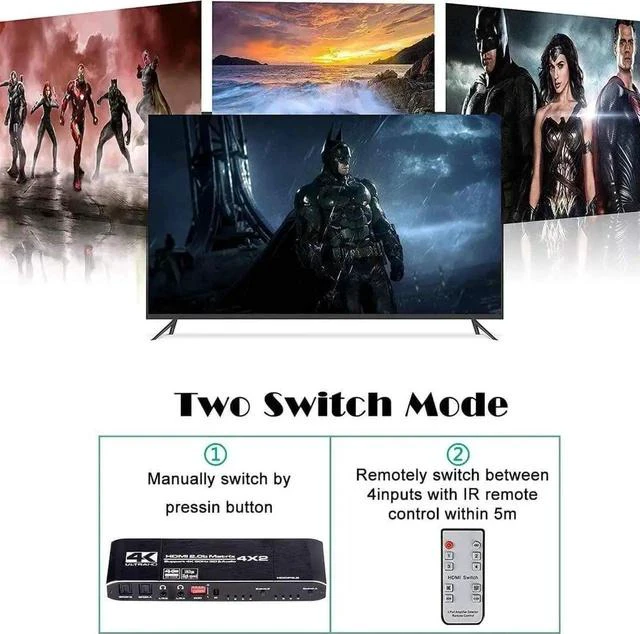 Alt view image 2 of 7 - 4X2 HDMI 2.0 Matrix Switch with IR Remote, Model OZJ1-1, 4 In 2 Out 4K@60Hz Matrix Switcher with Audio Extractor, Dual SPDIF + Dual 3.5mm L/R Audio, Support EDID, HDCP2.2, HDR10 for 4K TV, Monitor, Ga