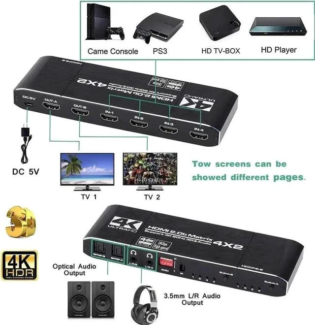 Alt view image 4 of 7 - 4X2 HDMI 2.0 Matrix Switch with IR Remote, Model OZJ1-1, 4 In 2 Out 4K@60Hz Matrix Switcher with Audio Extractor, Dual SPDIF + Dual 3.5mm L/R Audio, Support EDID, HDCP2.2, HDR10 for 4K TV, Monitor, Ga
