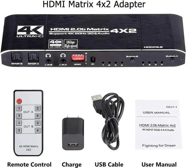 Alt view image 7 of 7 - 4X2 HDMI 2.0 Matrix Switch with IR Remote, Model OZJ1-1, 4 In 2 Out 4K@60Hz Matrix Switcher with Audio Extractor, Dual SPDIF + Dual 3.5mm L/R Audio, Support EDID, HDCP2.2, HDR10 for 4K TV, Monitor, Ga