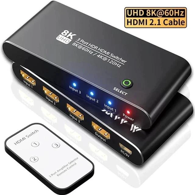 Main image of Aluminum HDMI 2.1 Switch 3 in 1 Out, 48Gbps 8K@60Hz 4K@120Hz 1440P@165Hz 1080P@240Hz Switcher with IR Remote & eARC Audio Return, HDCP2.3 HDR Compatible with Xbox Series X, PS5, UHD TV Monitor