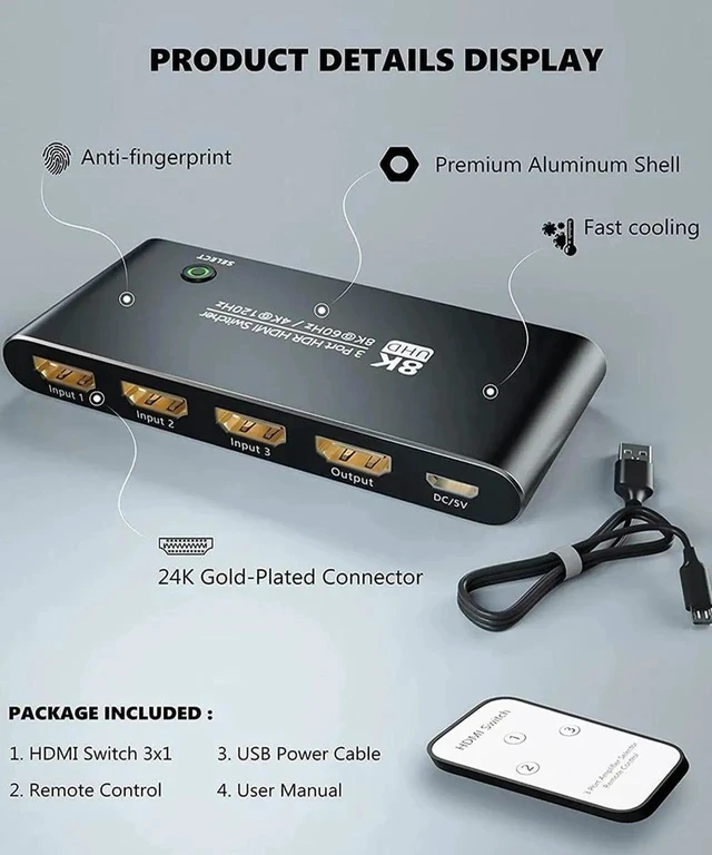Alt view image 6 of 7 - Aluminum HDMI 2.1 Switch 3 in 1 Out, 48Gbps 8K@60Hz 4K@120Hz 1440P@165Hz 1080P@240Hz Switcher with IR Remote & eARC Audio Return, HDCP2.3 HDR Compatible with Xbox Series X, PS5, UHD TV Monitor
