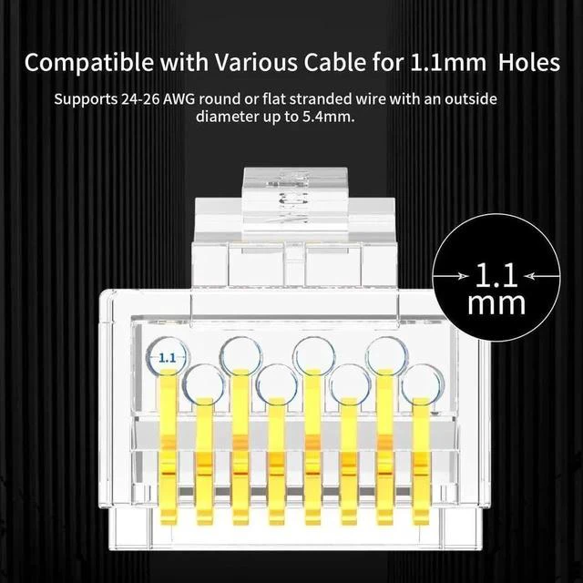 Alt view image 2 of 7 - 100 Pack CAT6 RJ45 UTP Modular Plugs, Standard 8P8C Gold-Plated Crimp Connectors, POE/POE+/POE++ Compatible Ethernet Cable Ends for Network Wiring