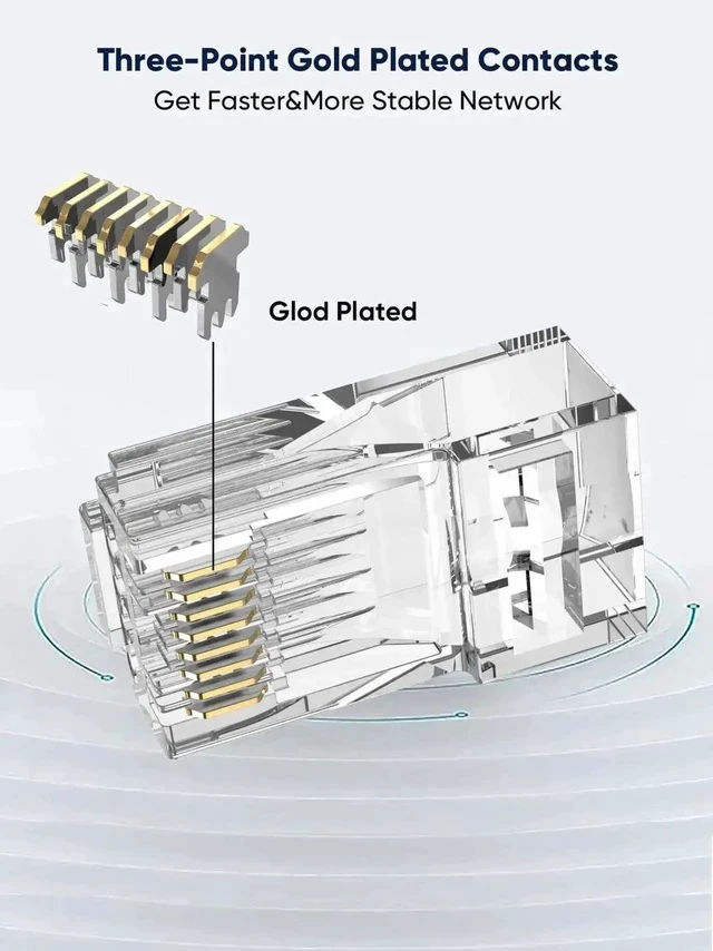 Alt view image 3 of 6 - 100 Pack Cat6 RJ45 Pass Through Connectors, Gold Plated Unshielded Modular Crimp Plugs Compatible with Cat5e Cat6 UTP Solid & Stranded Ethernet Cables