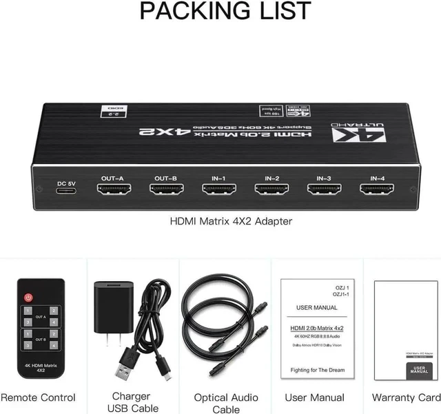 Alt view image 3 of 7 - 4x2 HDMI 2.0b Matrix Switch 4K@60Hz 18.5Gbps, 4-In-2-Out Video Splitter with Optical L/R Audio, IR Remote, HDCP 2.2 & 3D Support