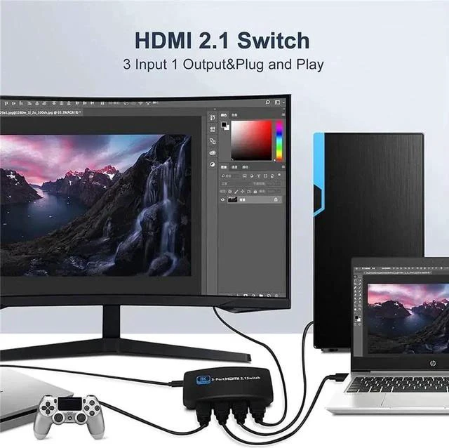 Alt view image 6 of 7 - 3 in 1 Out HDMI 2.1 8K Switch with IR Remote, 48Gbps High Speed HDMI Switcher Support 8K@60Hz 4K@120Hz HDR HDCP2.3, Converter Selector for Xbox, PS5, Projectors, Monitors