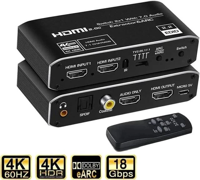 Main image of 2 in 1 Out HDMI Switch with Audio Extractor, 4K@60Hz HDMI 2.0b Signal Switcher, Separates HDMI Signal to HDMI Video + Optical SPDIF / Coaxial / 3.5mm Stereo Audio, HDCP2.2 HDR 3D Supported, Compatible