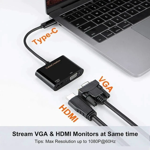 Alt view image 6 of 6 - USB C to HDMI VGA Multiport Adapter 4K@60Hz, Type-C Dual Display Converter Compatible with iPhone 15 Plus/15 Pro Max, Galaxy S22 Ultra, iPad Pro 2020, Chromebook, Surface Pro