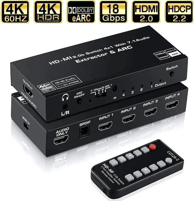 Main image of 4 in 1 Out HDMI 2.0 Switch with Audio Extractor & ARC, 4K@60Hz HDMI Switcher Support Toslink SPDIF + 3.5mm AUX Output, HDCP2.2 Auto Switch IR Remote for 4K TV Home Theater