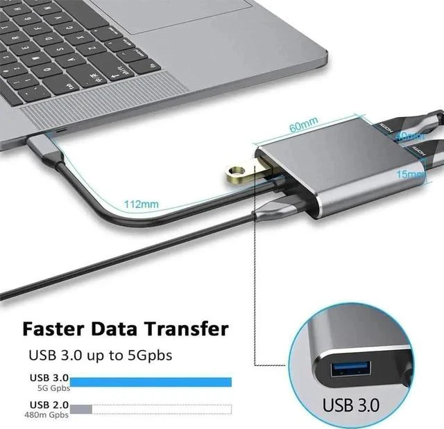 Alt view image 4 of 7 - Gray 4-in-1 USB C Multiport Adapter with 4K HDMI, 1080P VGA, USB 3.0 & PD Charging, Type-C Hub Converter Compatible with MacBook Pro, iPad Pro, PixelBook, Dell XPS