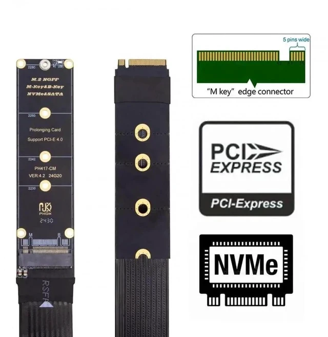 Alt view image 6 of 7 - 30cm PCIe 4.0 NGFF M-Key NVMe Extension Cable, M.2 Male to Female Riser Adapter for 2230/2242/2260/2280 NVMe SSD