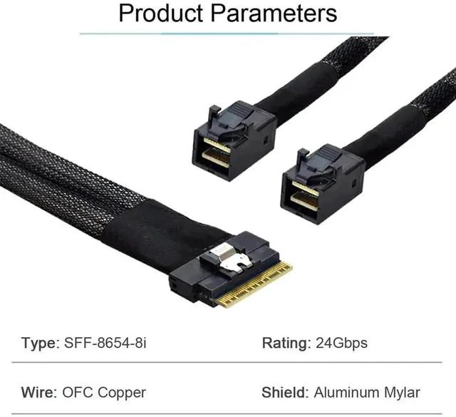 Alt view image 4 of 7 - 50cm PCIe 4.0 Ultraport Slimline SAS Fanout Cable, SFF-8654 8i 74Pin Host to Dual SFF-8643 4i Mini SAS HD Target Server Storage Cable
