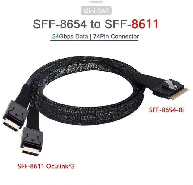 Alt view image 5 of 7 - 50cm PCIe 4.0 Slimline SAS Fanout Cable, SFF-8654 8i 74Pin Ultraport Slim SAS Host to Dual SFF-8611 OCuLink Storage Interconnect Cable for High Density OCP Server NVMe Expansion