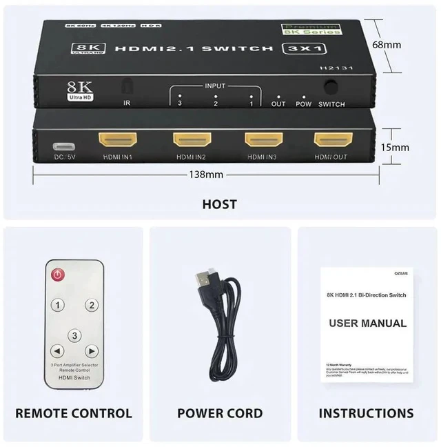 Alt view image 4 of 7 - HDMI 2.1 Switch 3 in 1 Out, 8K@60Hz 4K@120Hz 48Gbps HDMI Switch Box, Supports HDCP2.3 HDR10 CEC Auto Switching, Compatible with PS5, Xbox Series X/S, Nintendo Switch, PC, DVD Player, HDTV Monitor