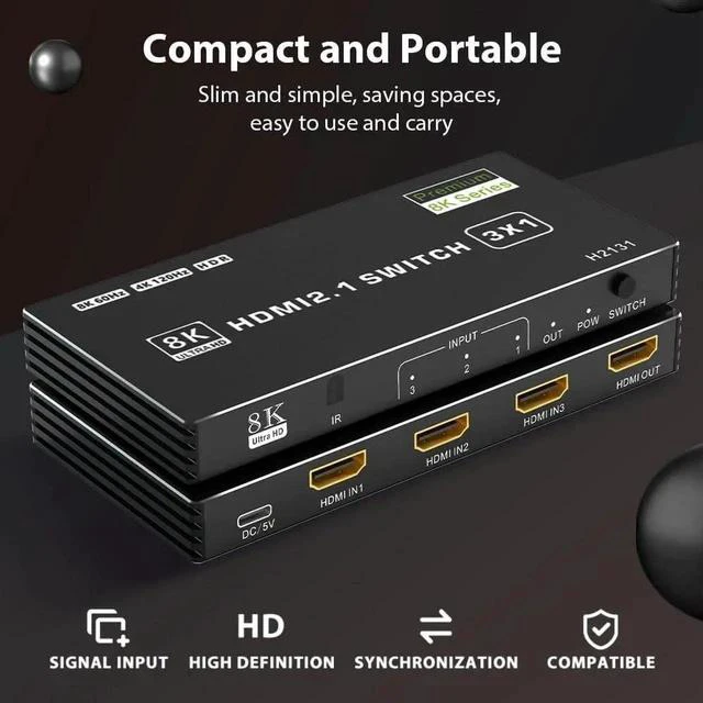 Alt view image 7 of 7 - HDMI 2.1 Switch 3 in 1 Out, 8K@60Hz 4K@120Hz 48Gbps HDMI Switch Box, Supports HDCP2.3 HDR10 CEC Auto Switching, Compatible with PS5, Xbox Series X/S, Nintendo Switch, PC, DVD Player, HDTV Monitor