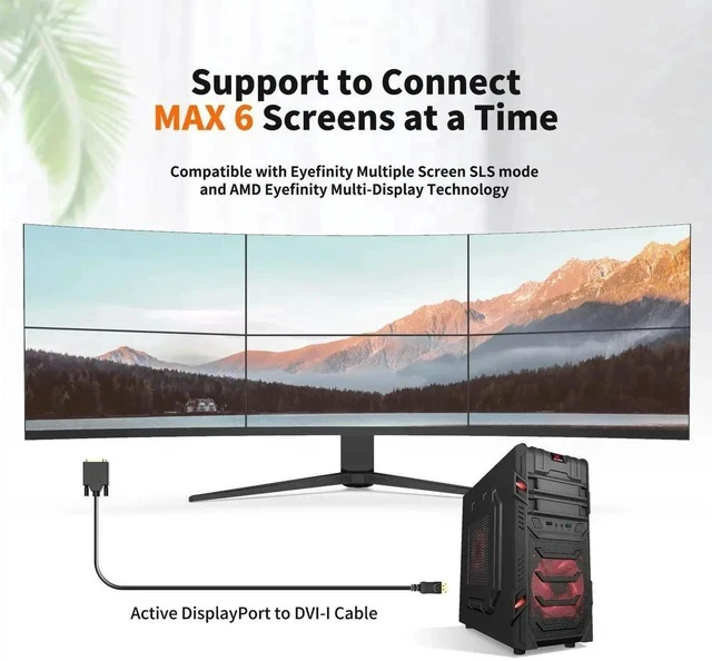 Alt view image 6 of 7 - 6FT Active DisplayPort to DVI-I Cable, Eyefinity Supported Multi-Screen DP to DVI Converter Cord, Black
