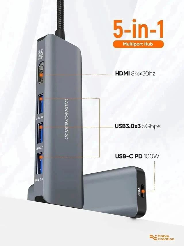 Alt view image 3 of 7 - 5-in-1 USB C Multiport Hub with 8K HDMI 2.1, 100W PD Charging & 3 USB3.0 Ports, 8K@30Hz / 4K@120Hz Video Output, Space Grey Type-C Dock Compatible with MacBook Pro, Steam Deck, Surface Pro, Dell XPS