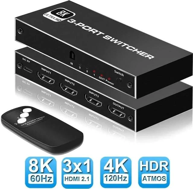 Main image of 3 in 1 Out HDMI 2.1 8K Switch with IR Remote Control, 3-Port 48Gbps HDMI Switcher Box Supports 8K@60Hz, 4K@120Hz, 4K@30Hz & 3D, Compatible with Nintendo Switch, PS4/PS5, Xbox 360/Xbox One, Fire TV Sti