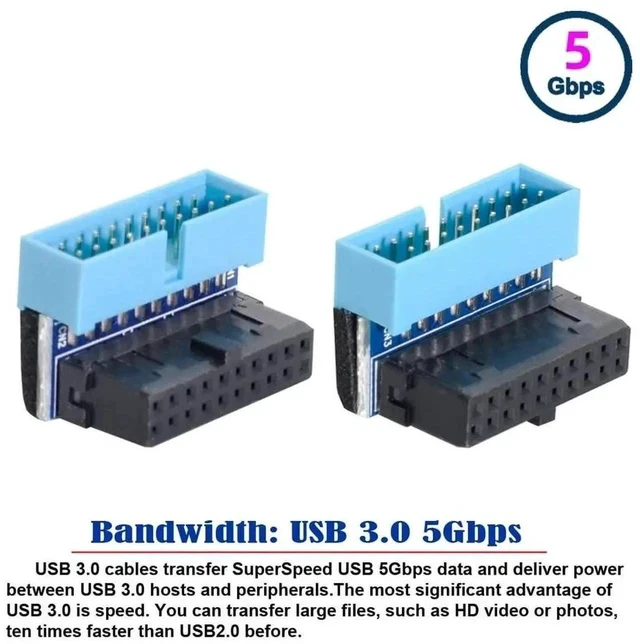 Alt view image 6 of 6 - 2-Pack 90° Up & Down Angled 19/20Pin USB3.0 Motherboard Header Extension Adapter, Internal USB 3.0 Male to Female Extender for DIY PC Chassis