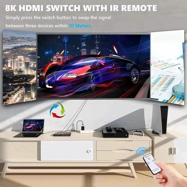 Alt view image 3 of 7 - Aluminum Shell HDMI 2.1 Directional Switch 3 in 1 Out, 48Gbps High Speed, Supports 8K@60Hz, 4K@120Hz, 1440P@165Hz, 1080P@240Hz, eARC, HDCP 2.3, HDR, VRR, ALLM, IR Remote Control