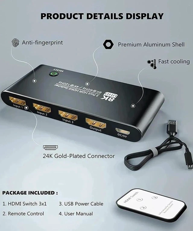 Alt view image 4 of 7 - Aluminum Shell HDMI 2.1 Directional Switch 3 in 1 Out, 48Gbps High Speed, Supports 8K@60Hz, 4K@120Hz, 1440P@165Hz, 1080P@240Hz, eARC, HDCP 2.3, HDR, VRR, ALLM, IR Remote Control