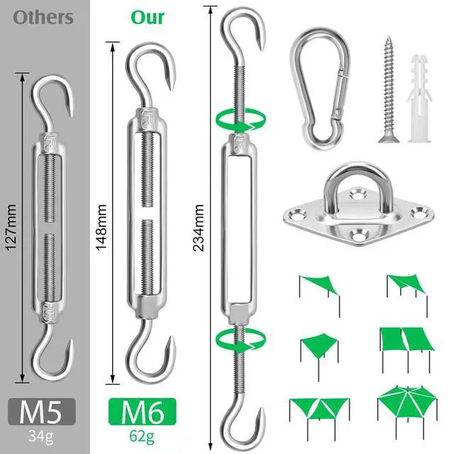 Alt view image 2 of 6 - Sun Shade Sail Hardware Kit - 6 Inch 304 Stainless Steel Sunshades Canopy Installation Kit for Install Rectangle & Triangle Shade Sails Deck Garden Lawn Patio Outdoor Metal Sail Shade Hardware Kit