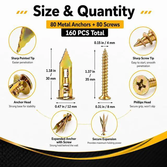 Alt view image 2 of 7 - 160 PCS Self Drilling Drywall Anchors with Screws Kit, Heavy Duty Metal Wall Anchors for Drywall, Sheetrock Anchors 0.47x1.18inch with Screws, No Drill Dry Wall Anchors and Screws Kit