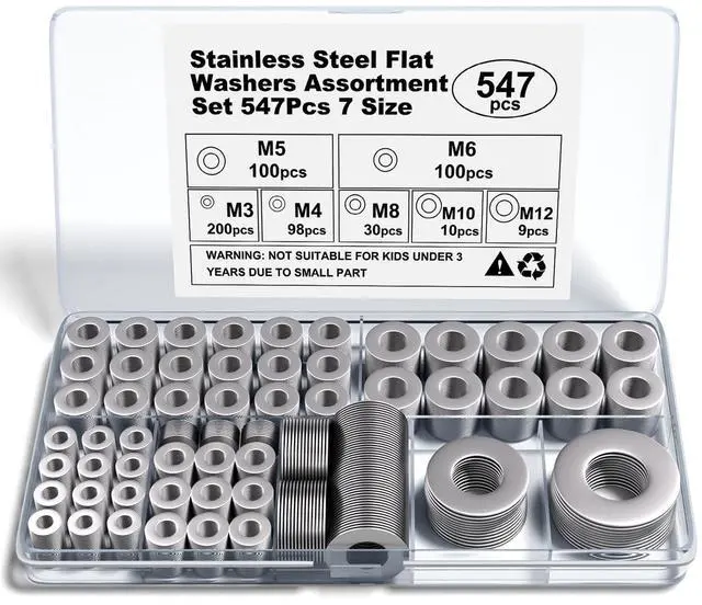 Main image of Stainless Steel Flat Washers Assortment, 18-8 (304) Stainless Steel, 547-Piece Set (Assorted Metric Sizes M3-M12, 3mm, 4mm, 5mm, 6mm, 8mm, 10mm, 12mm) with Plastic Storage Case