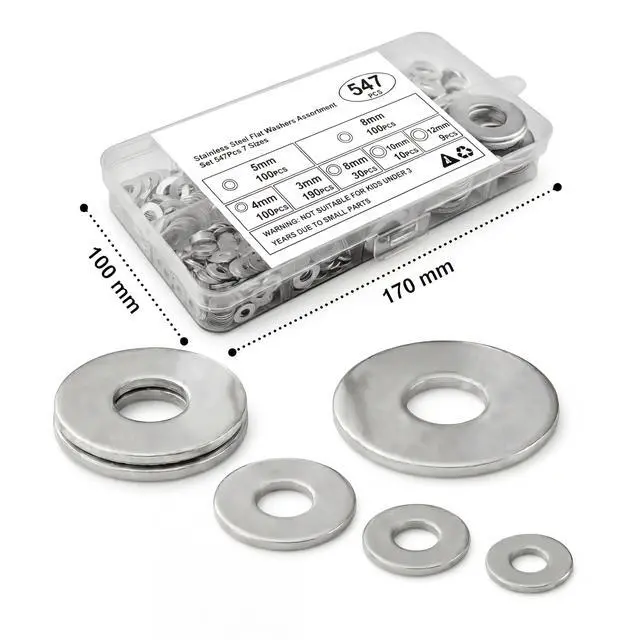 Alt view image 5 of 7 - Stainless Steel Flat Washers Assortment, 18-8 (304) Stainless Steel, 547-Piece Set (Assorted Metric Sizes M3-M12, 3mm, 4mm, 5mm, 6mm, 8mm, 10mm, 12mm) with Plastic Storage Case