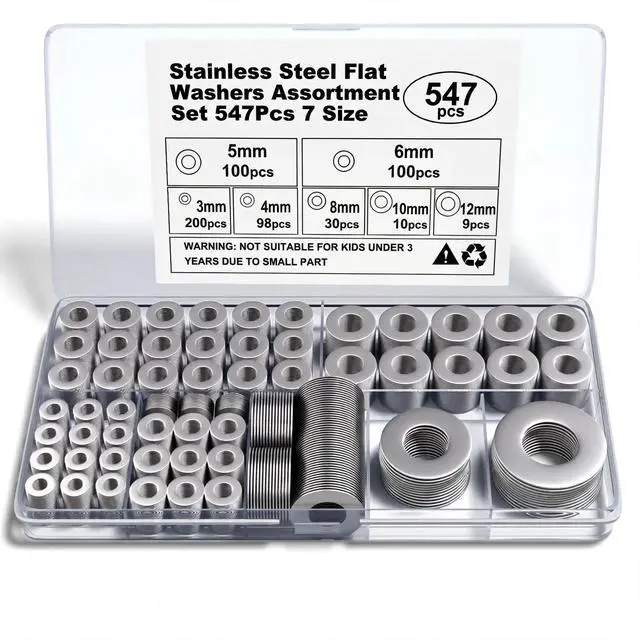 Alt view image 7 of 7 - Stainless Steel Flat Washers Assortment, 18-8 (304) Stainless Steel, 547-Piece Set (Assorted Metric Sizes M3-M12, 3mm, 4mm, 5mm, 6mm, 8mm, 10mm, 12mm) with Plastic Storage Case