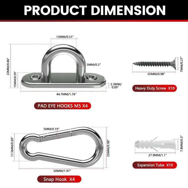 Alt view image 4 of 7 - 304 Stainless Steel Pad Eye Snap Hook, M5 Ceiling Hook 500Lb,8Pcs | Hanging Kit with Screws for Hammock Chair Swing, Yoga Gym Equipment, Sun Shade Sail, Plant Hangers & Marine Boat Hardware