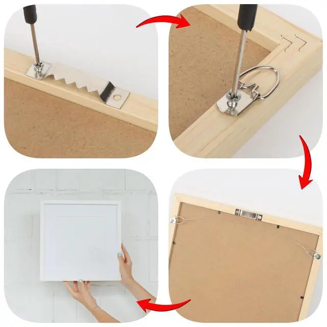 Alt view image 5 of 7 - 251Pcs Picture Hanging Kit, Dual-Size Heavy Duty Picture Hanging Hardware | 50 Sawtooth Picture Hangers + 50 D Rings + 150 Screws + 3.6m Wire, Wall Hanging Kit for Artwork Frame Canvas Mirror Clock