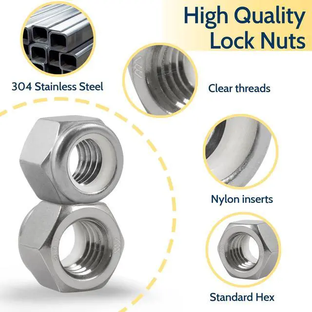 Alt view image 3 of 7 - 1/4-20 Lock Nut, 110Pcs Stainless Steel Nylock Insert Locking Nuts | 1/4 in locknut,nylon insert hex nuts 304 SS A2-70, standard metric thread nylock nut vibration resistant for bolts,machinery