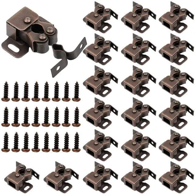 Main image of 20 Pcs Cabinet Door Latch and Catch Hardware,Brown Antique Copper | Double Roller Catch Cabinet Latches with Spear Strike for Closet Doors Kitchen, RV Doors, Easy Install with Screws