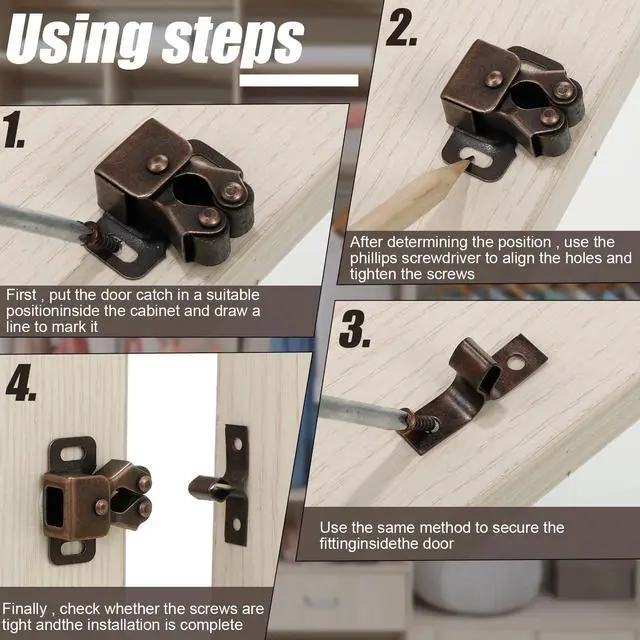 Alt view image 3 of 6 - 20 Pcs Cabinet Door Latch and Catch Hardware,Brown Antique Copper | Double Roller Catch Cabinet Latches with Spear Strike for Closet Doors Kitchen, RV Doors, Easy Install with Screws