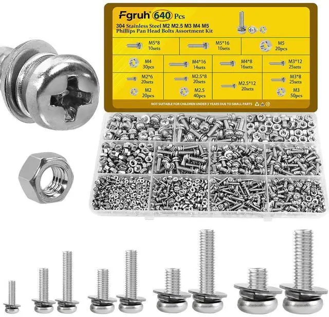 Main image of 640PCS M2 M2.5 M3 M4 M5 Phillips Pan Head Machine Screws Assorted Kit | Phillips Pan Head Bolts and Nuts Set, 304 Stainless Steel Metric Combination Screw with Fixed Washers (All-in-One Design)