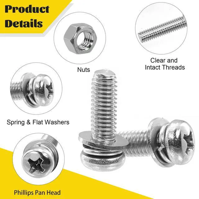 Alt view image 3 of 7 - 640PCS M2 M2.5 M3 M4 M5 Phillips Pan Head Machine Screws Assorted Kit | Phillips Pan Head Bolts and Nuts Set, 304 Stainless Steel Metric Combination Screw with Fixed Washers (All-in-One Design)