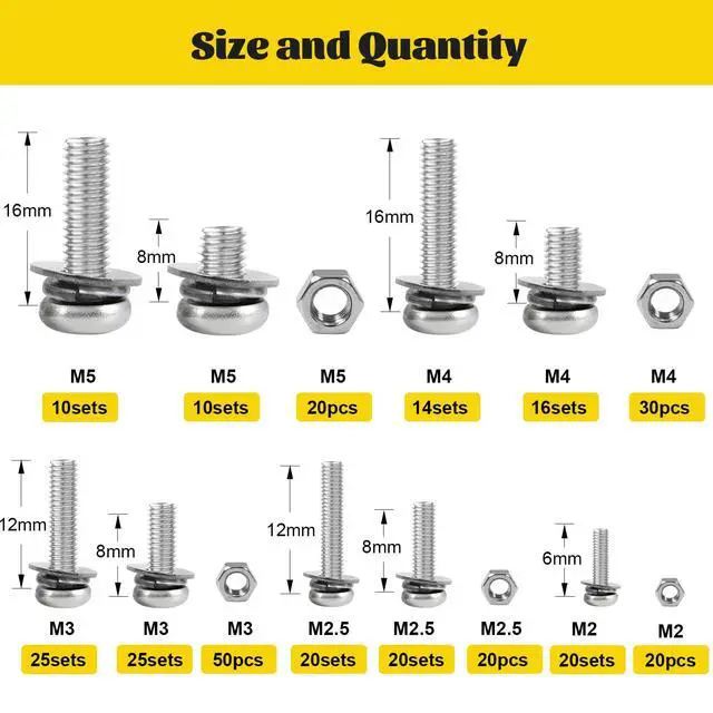 Alt view image 2 of 7 - 640PCS M2 M2.5 M3 M4 M5 Phillips Pan Head Machine Screws Assorted Kit | Phillips Pan Head Bolts and Nuts Set, 304 Stainless Steel Metric Combination Screw with Fixed Washers (All-in-One Design)