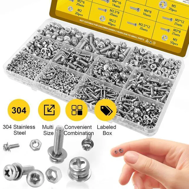 Alt view image 5 of 7 - 640PCS M2 M2.5 M3 M4 M5 Phillips Pan Head Machine Screws Assorted Kit | Phillips Pan Head Bolts and Nuts Set, 304 Stainless Steel Metric Combination Screw with Fixed Washers (All-in-One Design)