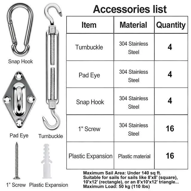 Alt view image 2 of 7 - 44 Pcs Shade Sail Hardware Kit 5 Inch Outdoor Sun Sail Accessories | 304 Stainless Steel Turnbuckles & Brackets for Triangle/Rectangle Sails, Patio Canopy Installation Hardware Set