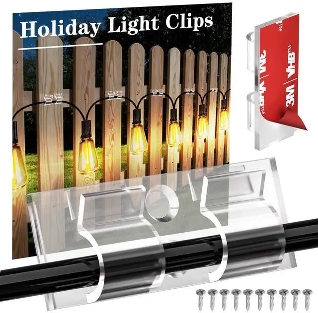 Main image of 30PCS Clear Hooks for Outdoor String Lights Clips, Heavy Duty Adhesive with Holes and Screws, for Hanging Christmas Lighting