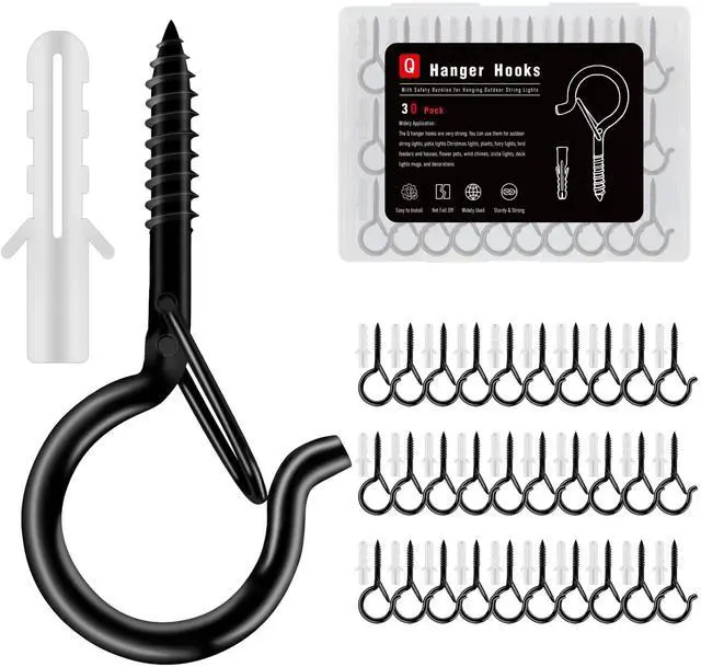 Main image of 36-Pack Black Screw Hooks with Safety Buckles, 40-lb Capacity | 2.3-inch rust-resistant ceiling hooks; 36 anchors and storage case; for plants, string lights, baskets, and outdoor decor