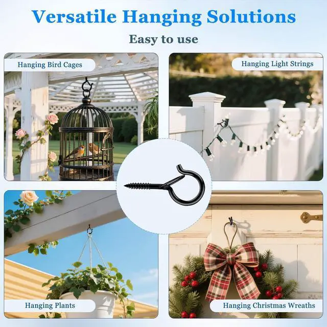 Alt view image 5 of 7 - 36-Pack Black Screw Hooks with Safety Buckles, 40-lb Capacity | 2.3-inch rust-resistant ceiling hooks; 36 anchors and storage case; for plants, string lights, baskets, and outdoor decor